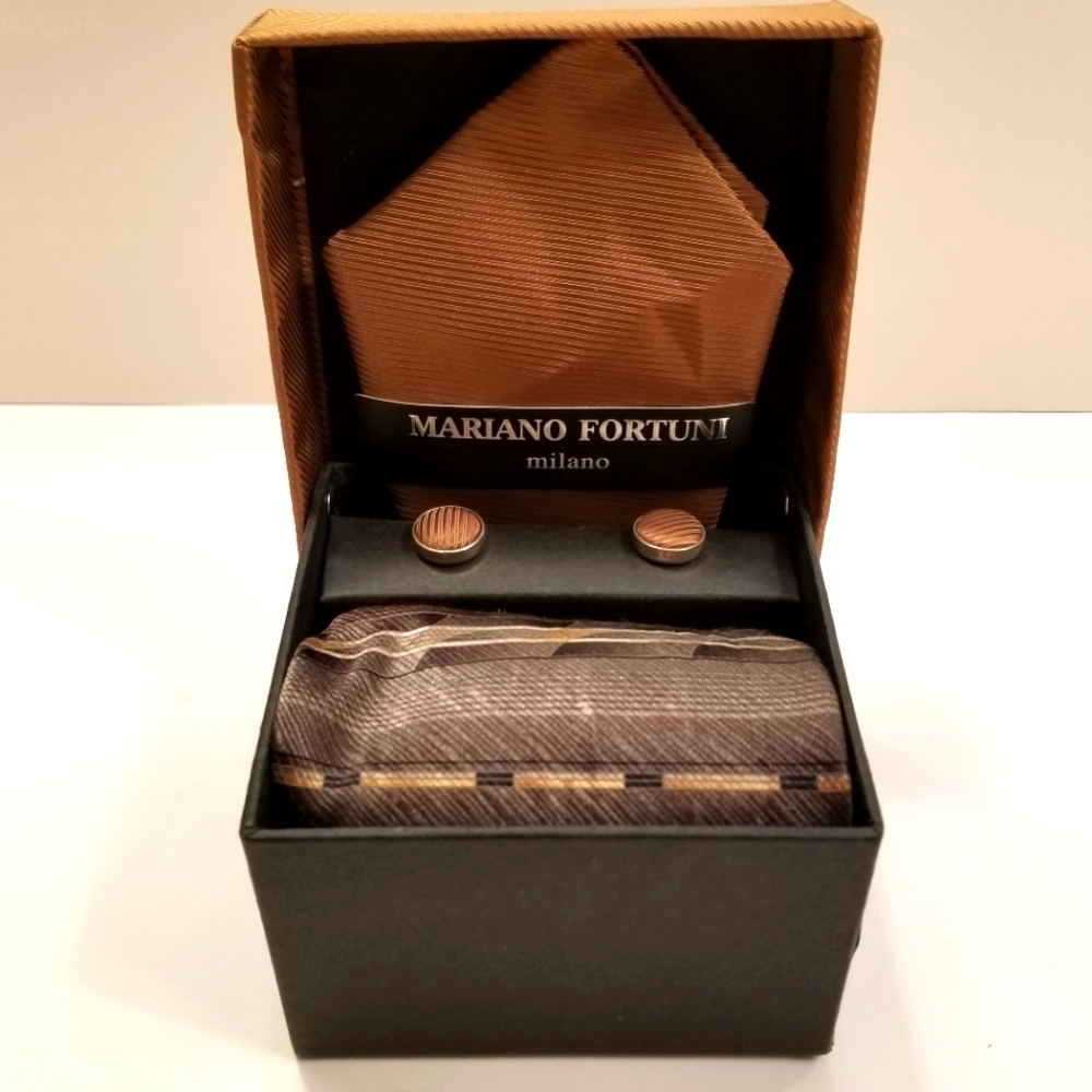 ✅Mariano Fortuni Milano Silk Pocket Square, Cuff Links, Tie, Box